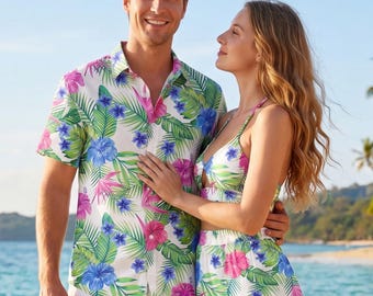 Matching Couple Hawaiian Shirts & Dresses: Tropical Floral Vacation Outfits - Mix and Match Apparel