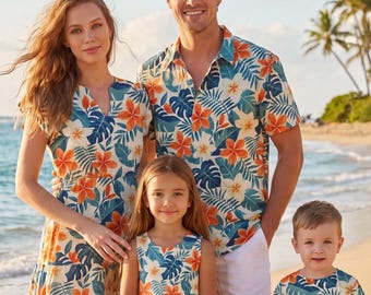 Tropical Family Vacation Outfits: Matching Floral Print Shirts & Dresses - Mix and Match Styles