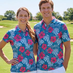 Couples Matching Golf Shirts: Family Polos for Golf Tournament, Pickleball - Blue & Pink Tropical Hibiscus