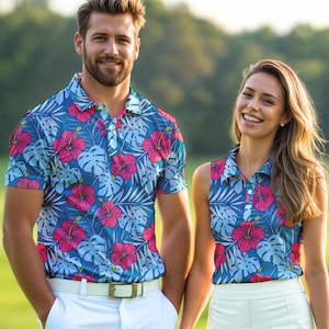 Couples Matching Golf Shirts: Family Polos for Golf Tournament, Pickleball - Blue & Pink Tropical Hibiscus