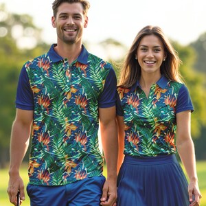 Couples Matching Golf Polo Shirts: Blue Tropical Leaves Print