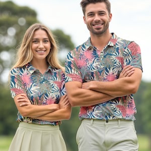 Couples Matching Golf Shirts: Family Polos for Golf Tournament, Pickleball - Blue Multi Tropical Floral