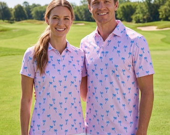Matching Couples Golf Polo Shirts: Tropical Palm Print, UV Protection