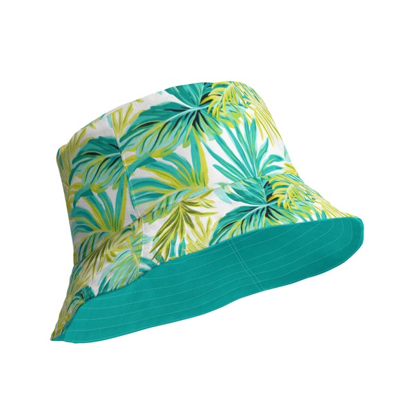 REVERSIBLE BUCKET HAT - Unisex Tropical Hat with Sun Protection Mens Womens Green Teal Palm Leaves Printed Pattern Hat Beach Pool Party