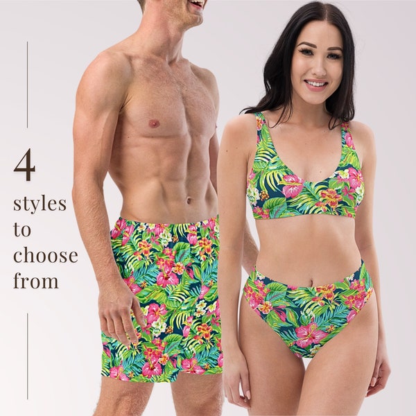 Passende Badebekleidung für Paare – tropische Blumen-Mix-and-Match-Badeanzüge mit Sonnenschutz für die Flitterwochen-Strandurlaub-Poolparty