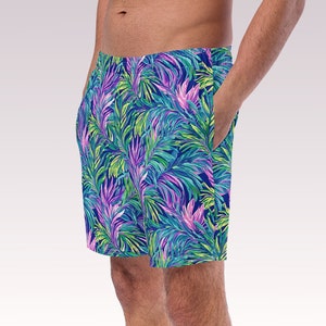 Tropical Palm Leaves Mens Lined Swim Trunks Blue Purple Minimal Swimwear UV Sun Protection Swimsuit Guys Swim Wear for Vacation Beach Pool