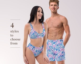 PAREJAS TRAJES DE BAÑO A JUEGO Estampado de palmeras tropicales Mix & Match Trajes de baño azules y blancos Protección solar para luna de miel Vacaciones en la playa Fiesta en la piscina