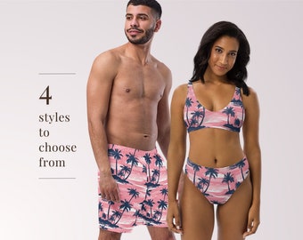 COUPLES MATCHING SWIMWEAR - Pink Palm Trees Tropical Mix & Match Swimsuits with Sun Protection for Honeymoon Beach Vacation Pool Party