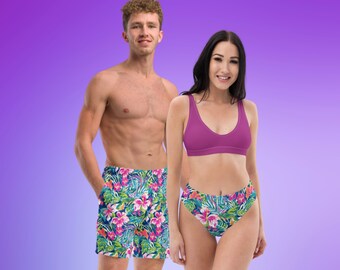 Tropical Floral Print Couples Matching Swimwear Mix & Match Rose Pink Blue Sun Protection Hetero Same Sex for Honeymoon Beach Vacation Pool