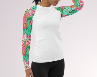 RASH GUARD TOP - Florales Langarm-Swim-Top für Damen in Petrol & Pink mit Sonnenschutz-Surf-Shirt für Surf-Strandurlaub