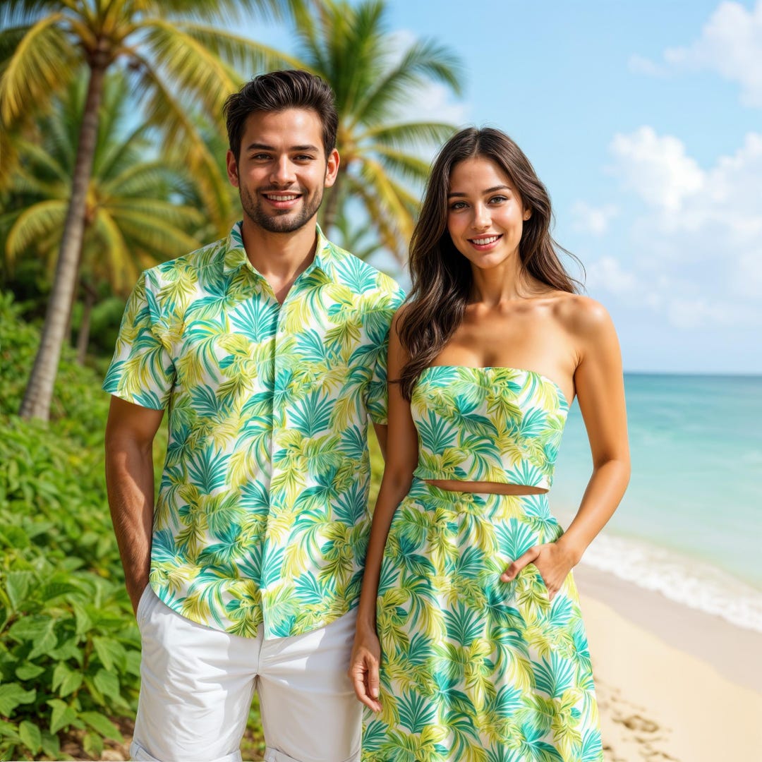 Couples Matching Outfits: Green Hawaiian Tropical Print Clothes for  Honeymoon - Etsy