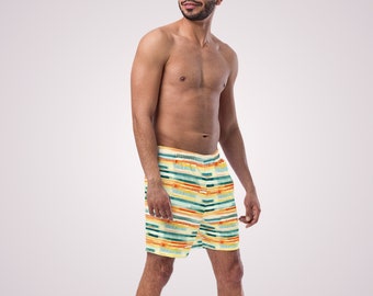 ABSTRACT SWIM BOXER - Maillot de bain jaune multi-rayures pour homme doublé avec poches et protection solaire pour les vacances à la plage et la fête à la piscine