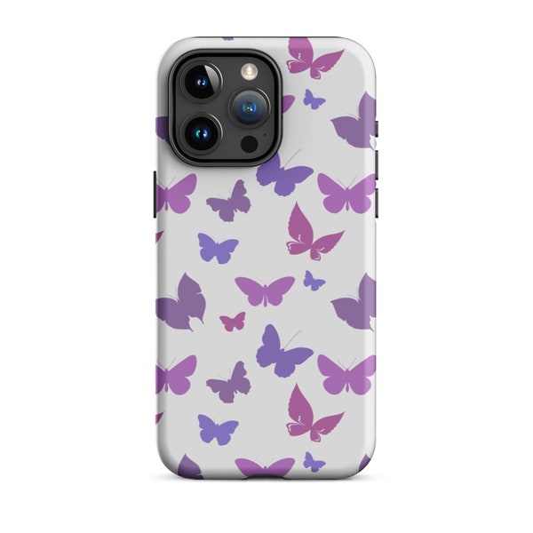 Purple & Gray Butterfly Pattern Tough Case for iPhone® 15 14 13 12 11, Gloss or Matte Finish, Premium Impact Resistent Durable Custom Case