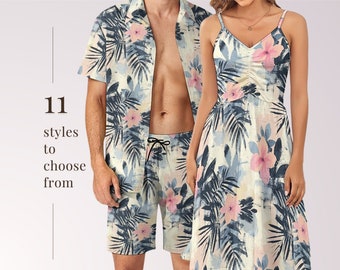 COUPLES MATCHING OUTFITS - Hawaiian Hibiscus Print Tropical Mix & Match Outfits for Summer Honeymoon Beach Vacation Pool Party