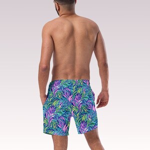 Tropical Palm Leaves Mens Lined Swim Trunks Blue Purple Minimal Swimwear UV Sun Protection Swimsuit Guys Swim Wear for Vacation Beach Pool