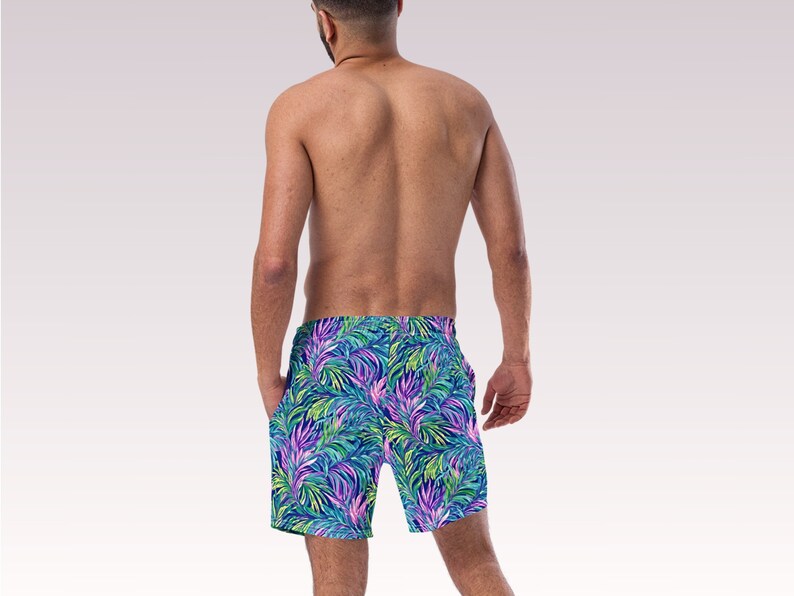 Tropical Palm Leaves Mens Lined Swim Trunks Blue Purple Minimal Swimwear UV Sun Protection Swimsuit Guys Swim Wear for Vacation Beach Pool