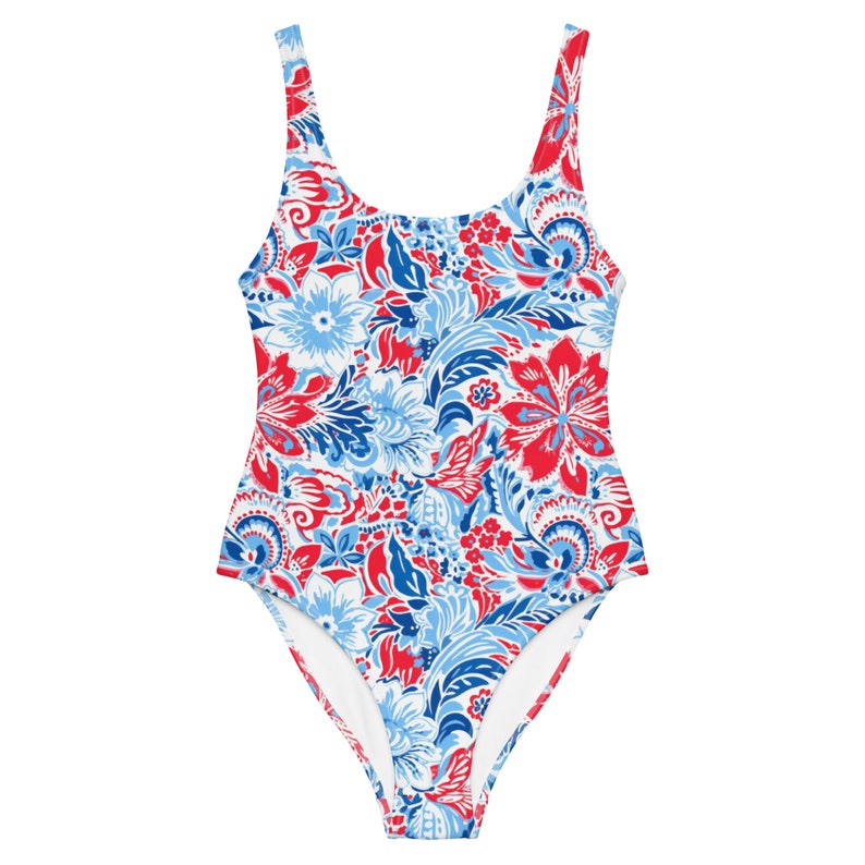 Red Blue Patchwork Ethnic Print Swimsuit