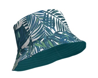 Unisex Tropical Leaves Print Reversible Bucket Hat UV Sun Protection Mens Womens Dark Teal Printed Pattern Hat for Beach Pool Party Everday