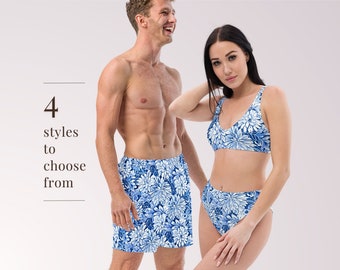 COUPLES MATCHING SWIMWEAR - Blue White Tropical Floral Mix & Match Swimsuits with Sun Protection for Honeymoon Beach Vacation Pool Party