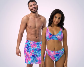 Tropical Floral Print Couples Matching Swimwear Mix & Match Pink Blue UV Sun Protection Hetero Same Sex for Honeymoon Beach Vacation Pool