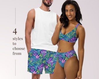 COUPLES MATCHING SWIMWEAR - Palm Leaves Tropical Floral Print Mix & Match Swimsuits Sun Protection for Honeymoon Beach Vacation Pool Party