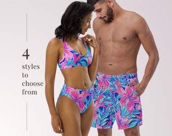 COUPLES MATCHING SWIMWEAR - Pink Blue Tropical Floral Mix & Match Swimsuits with Sun Protection for Honeymoon Beach Vacation Pool Party