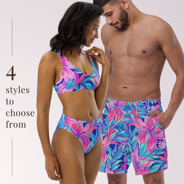 PAARDEN BIJPASSENDE BADKLEDING - Roze Blauwe Tropische Bloemen Mix & Match Badpakken met Zonbescherming voor Huwelijksreis Strandvakantie Zwembadfeest