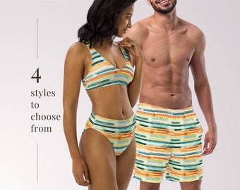 COUPLES MATCHING SWIMWEAR - Yellow Stripe Print Abstract Mix & Match Swimsuits with Sun Protection for Honeymoon Beach Vacation Pool Party