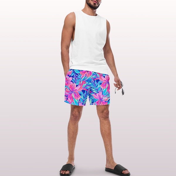 TROPISCHE BADEHOSE – Gefütterte Herren-Badehose mit rosa und blauem Blumendruck, Taschen und Sonnenschutz für Strandurlaub, Poolparty