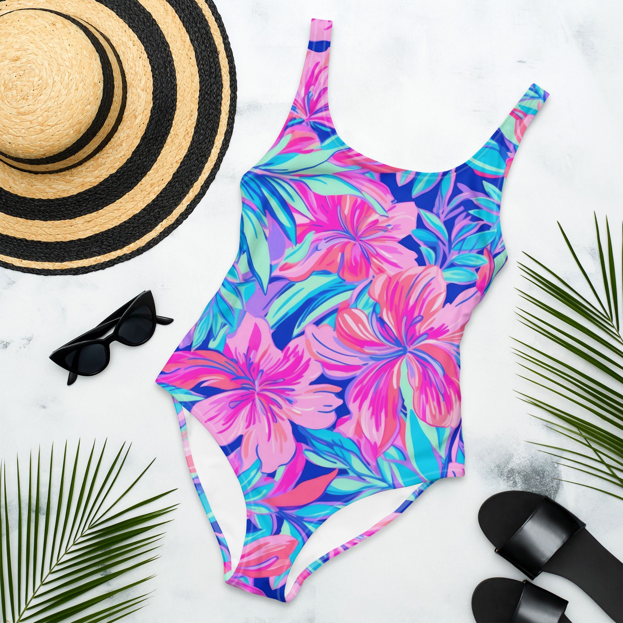 Florida Keys Light Pink Floral Print Ruffle Trim Spaghetti Strap One Piece Swimsuit main image 1