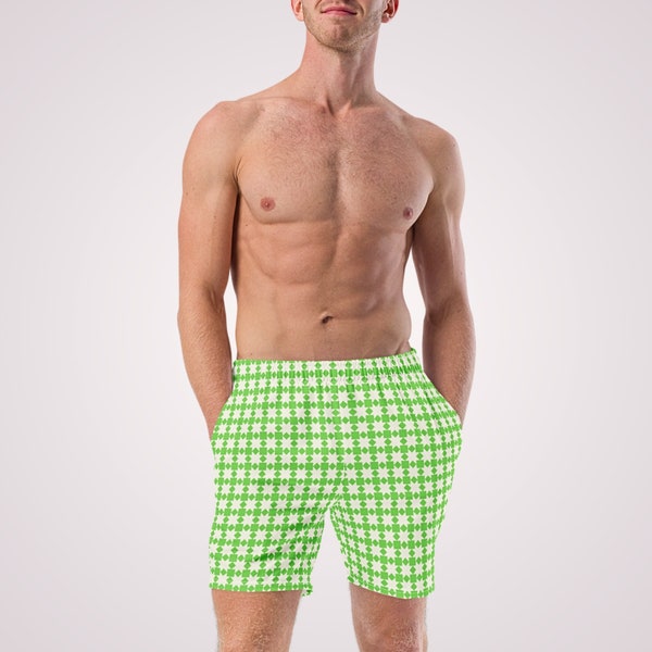 RETRO-BADEHOSE – Gefütterte Badehose für Herren in Grün und Weiß mit geometrischem Aufdruck, Taschen und Sonnenschutz für Strandurlaub, Poolparty
