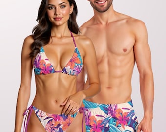 Tropical Floral Matching Swimsuits: Couple's Beach Vacation Swimwear Sets - XS to Plus Sizes