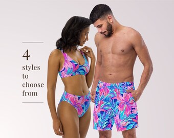 COUPLES MATCHING SWIMWEAR - Pink Blue Tropical Floral Mix & Match Swimsuits with Sun Protection for Honeymoon Beach Vacation Pool Party