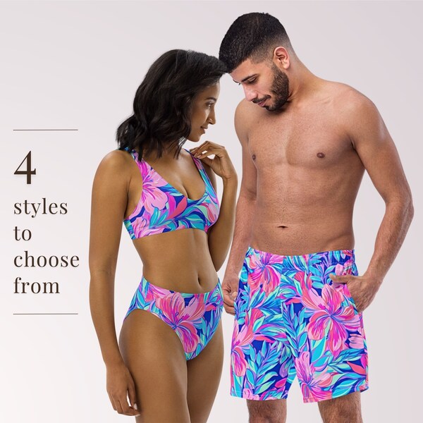 COUPLES MATCHING SWIMWEAR - Pink Blue Tropical Floral Mix & Match Swimsuits with Sun Protection for Honeymoon Beach Vacation Pool Party