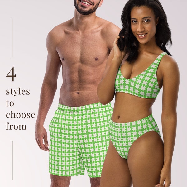 Passende Badebekleidung für Paare – Retro-Mix-and-Match-Badeanzüge mit grünem Karomuster und Sonnenschutz für die Flitterwochen-Strandurlaub-Poolparty