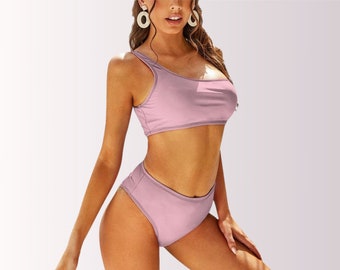 ONE SHOULDER BIKINI - Bubblegum Pink Zweiteilige Bikini Damen Bademode für Strand Urlaub Pool Party