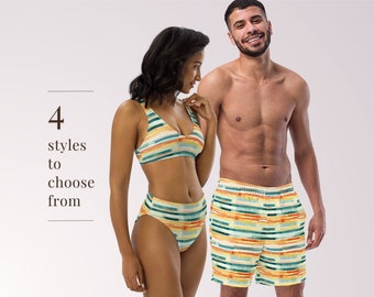 COUPLES MATCHING SWIMWEAR - Yellow Stripe Print Abstract Mix & Match Swimsuits with Sun Protection for Honeymoon Beach Vacation Pool Party