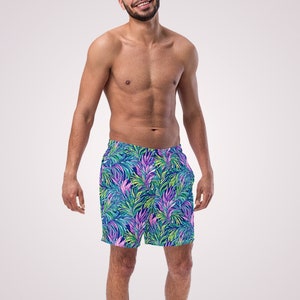 Tropical Palm Leaves Mens Lined Swim Trunks Blue Purple Minimal Swimwear UV Sun Protection Swimsuit Guys Swim Wear for Vacation Beach Pool