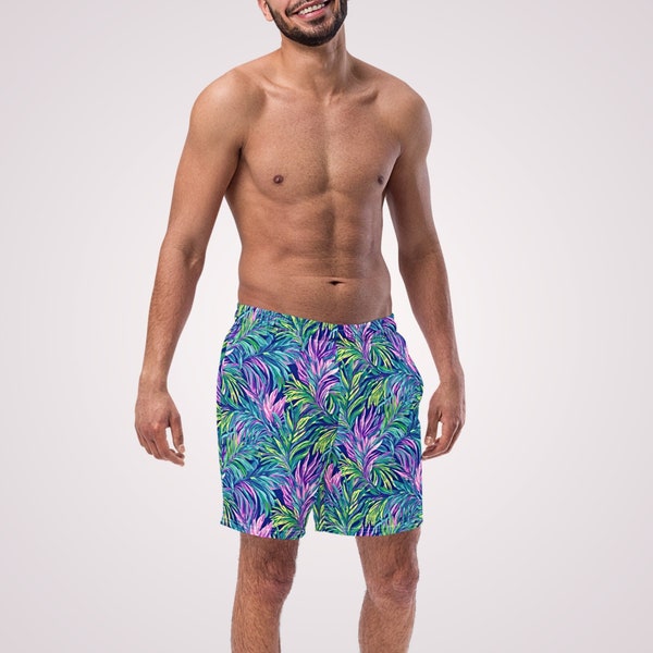 TROPISCHE BADEHOSE – Gefütterte Herren-Badehose mit buntem Palmenblätter-Print, Taschen und Sonnenschutz für Strandurlaub, Poolparty