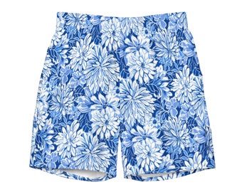 Tropical Floral Print Mens Lined Swim Trunks Blue Minimal Swimwear UPF 50+ UV Sun Protection Swimsuit Guys Swim Wear for Vacation Beach Pool