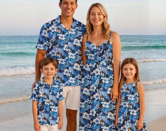 Matching Outfits - Blue Hawaiian Tropical Print, Couples Matching Shirts & Dresses for Family Vacation