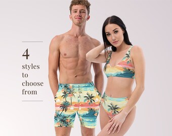 MAILLOTS DE BAIN ASSORTIS POUR COUPLES - Maillots de bain palmiers tropicaux assortis avec protection solaire pour lune de miel Beach Vacation Pool Party