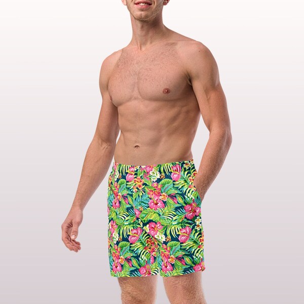 TROPISCHE BADEHOSE – Gefütterte Herren-Badehose mit buntem Blumendruck, Taschen und Sonnenschutz für Strandurlaub, Poolparty