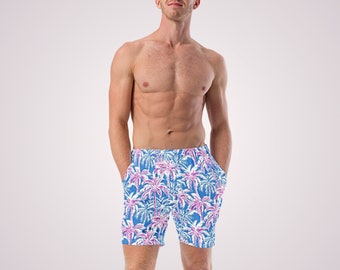 TROPIC DE BAIN TROPICALE - Palmiers roses et bleus - Maillot de bain doublé pour homme avec poches et protection solaire pour les vacances à la plage et la fête à la piscine