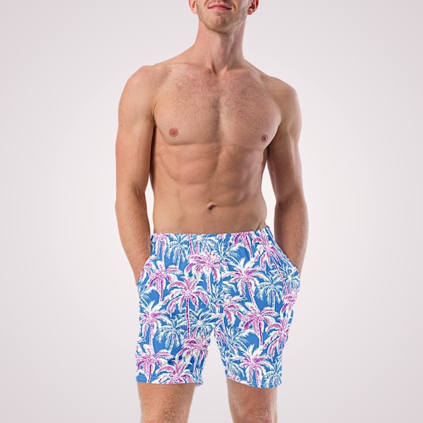 TROPISCHE BADEHOSE – Gefütterte Badehose für Herren mit rosa und blauen Palmen, Taschen und Sonnenschutz für Strandurlaub, Poolparty