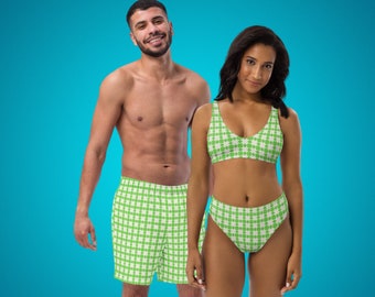 Retro Pattern Couples Matching Swimwear Mix & Match Green Checkered UV Sun Protection Hetero Same Sex for Honeymoon Beach Vacation Pool