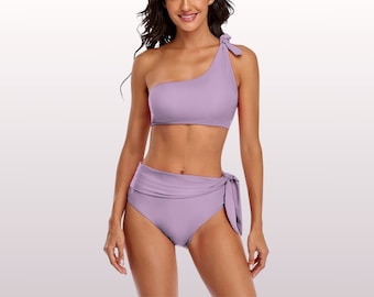 BIKINI ONE SHOULDER - Bikini deux pièces violet lilas pour femme pour les vacances à la plage et la fête à la piscine
