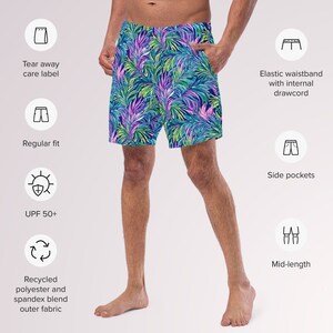 Tropical Palm Leaves Mens Lined Swim Trunks Blue Purple Minimal Swimwear UV Sun Protection Swimsuit Guys Swim Wear for Vacation Beach Pool