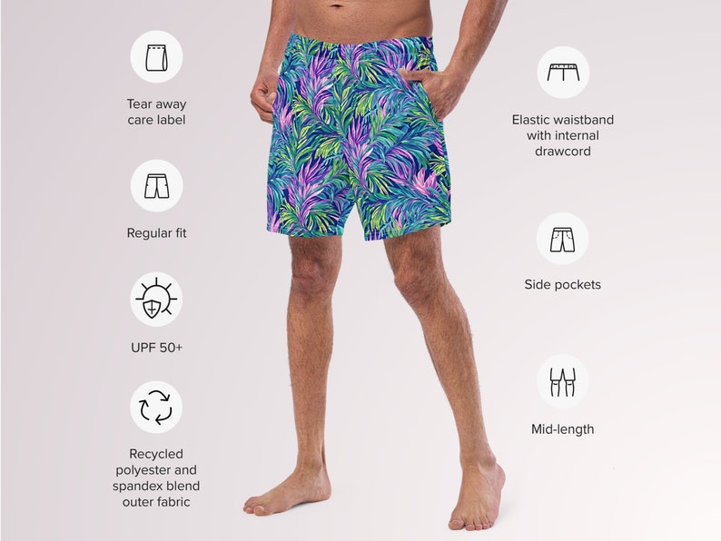 Tropical Palm Leaves Mens Lined Swim Trunks Blue Purple Minimal Swimwear UV Sun Protection Swimsuit Guys Swim Wear for Vacation Beach Pool