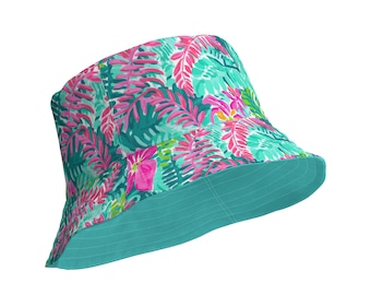 Unisex Tropical Floral Print Reversible Bucket Hat UV Sun Protection UPF 50+ Mens Womens Printed Pattern Hat for Beach Pool Party Everday